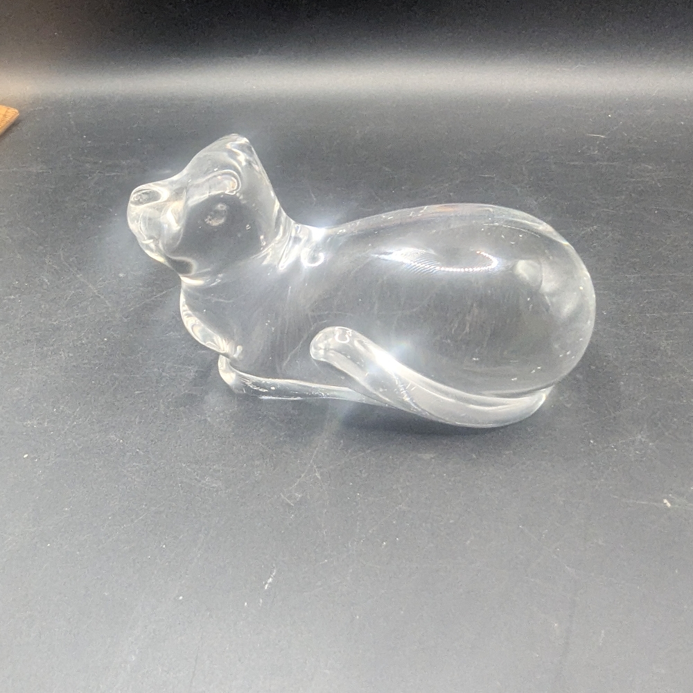 Vintage Atlantis Lead Crystal Paperweight Big Cat in Repose